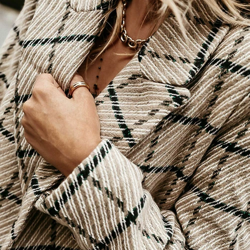 Women's Stylish Check Print Wool Blazer Coat Ladies Long Sleeve Collared Jacket - Picture 22 of 52