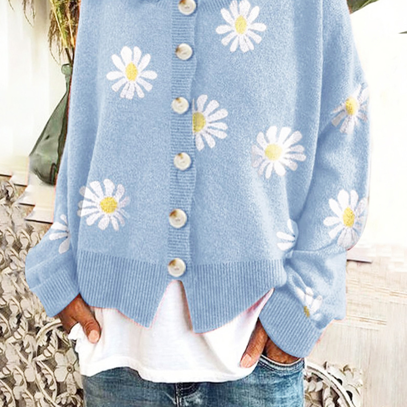(sky Blue)Women S Cardigan Round Neck Open Front Sweater With Daisy Motif Long eBay