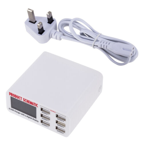 6A USB Charger with LCD Digital Display 6 Port USB Charger Fast Smart Charging - Picture 1 of 7