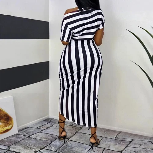 Women's Striped Sexy Cold Shoulder Midi Dress Summer Holiday Party Split Dresses - Imagen 14 de 23