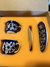 2 Espresso Cups With Saucers- Handmade & Hand Painted- Blue Espresso