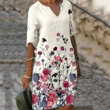 Vintage Print V-Neck Elegant Fashion Half Sleeve Women Dress Loose Dresses