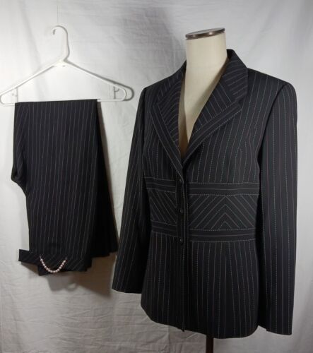 Escada 2 Piece Suit Blazer Jacket And Pants Wool Striped Black Purple Sz 38 US 8 - Picture 1 of 10
