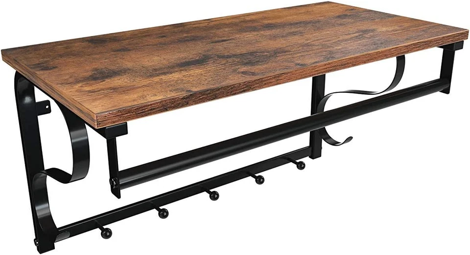 VASAGLE LCR11BX Wandgarderobe mit 5 Haken und Ablage - Schwarz/Holz