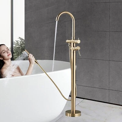 ALENARTWATER Brushed Gold Freestanding Bath Taps Floor Mounted Bath Mixer Taps w/ABS Handheld
