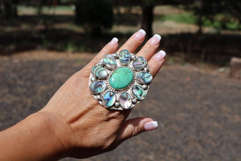 Anillo Navajo Vintage Plata Esterlina Abulón Masivo Turquesa MOP Sin Firmar 10.5 Foto 2 de 4