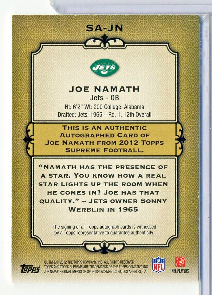 Joe Namath 2012 Supreme Autograph Auto 12/25 (His Jersey ) New York