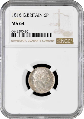Great Britain 6 pence 1816, NGC MS64, "King George III (1760 - 1820)"