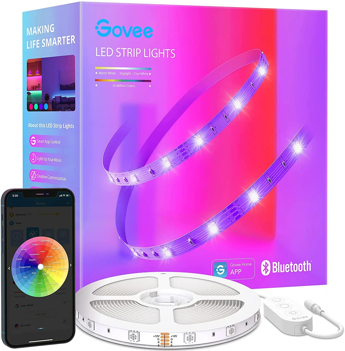 Govee 100Ft LED Strip Lights, Bluetooth RGB LED Lights with App Control, 64  Scen