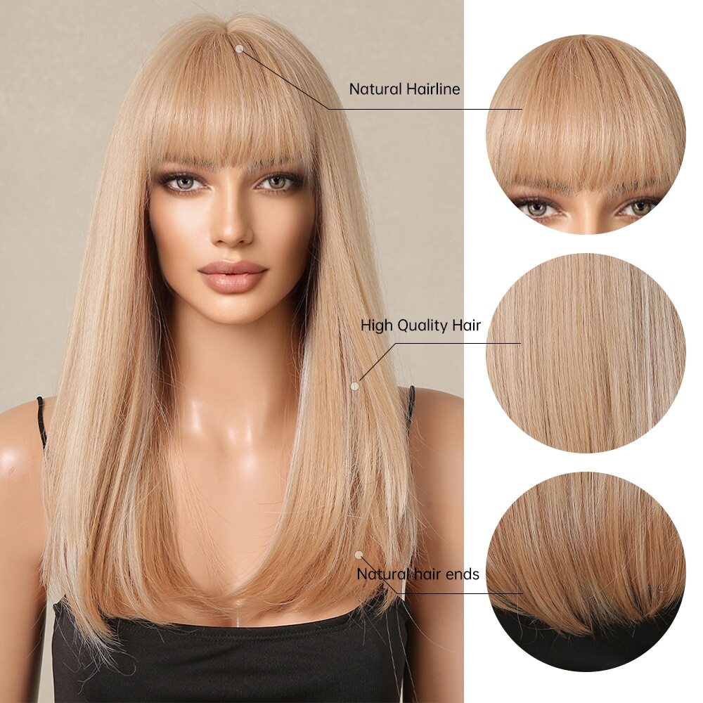 Long Light Blonde Wig Synthetic Straight Halloween Wigs with Bangs