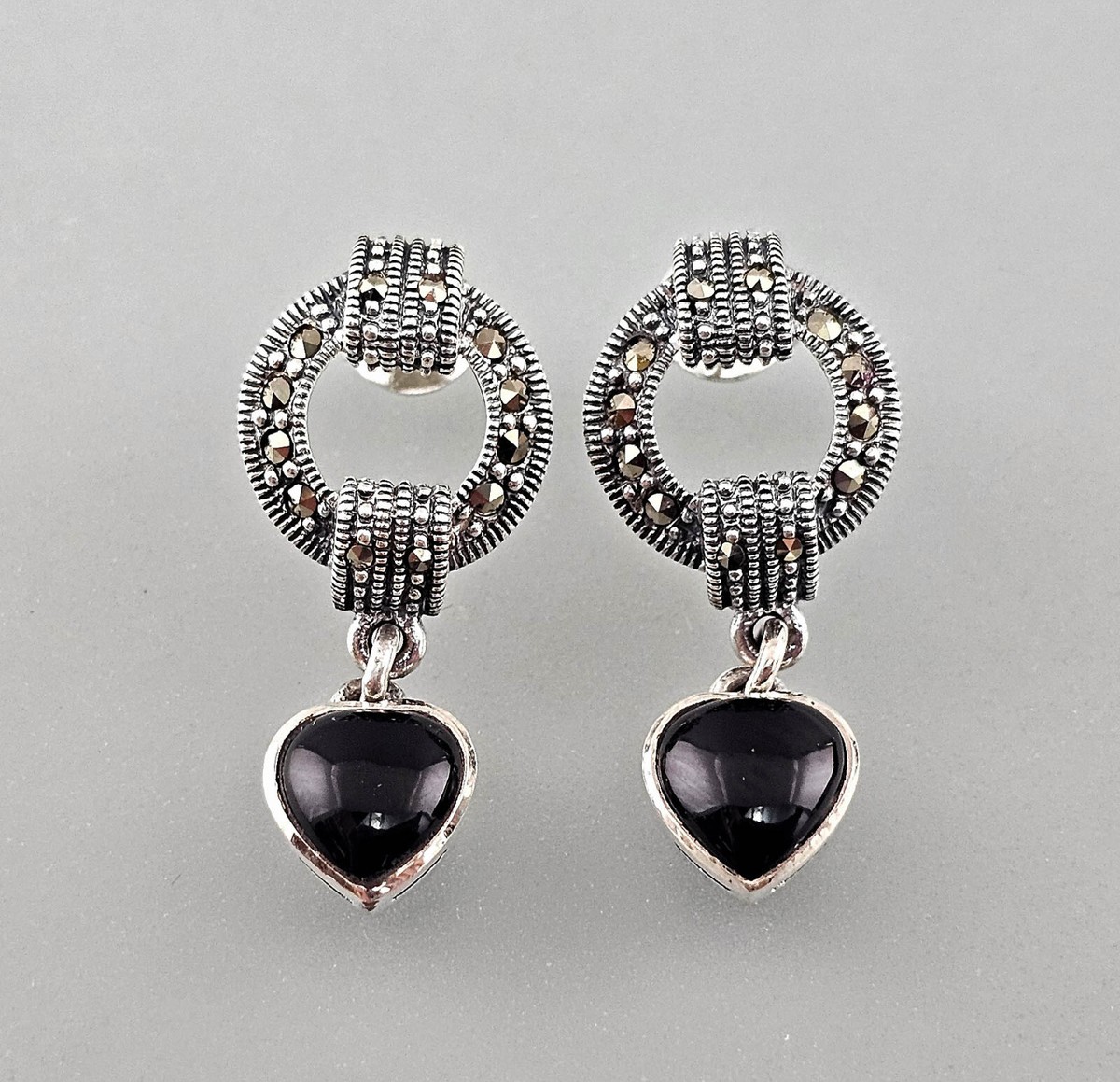 9923359-d Vintage Earrings Onyx Heart Marcasites 925er