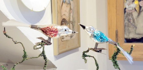 Two smaller Birds, with Spun Glass Tails. 1960s West German Glass Ornaments.