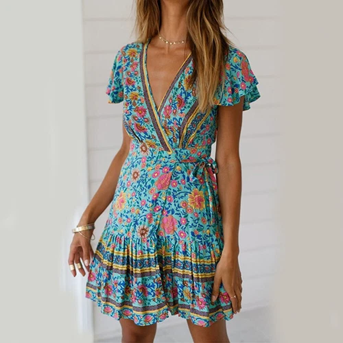 Womens Boho V-Neck Floral Mini Dress Ladies Summer Short Sleeve Beach Sundress - Picture 8 of 25