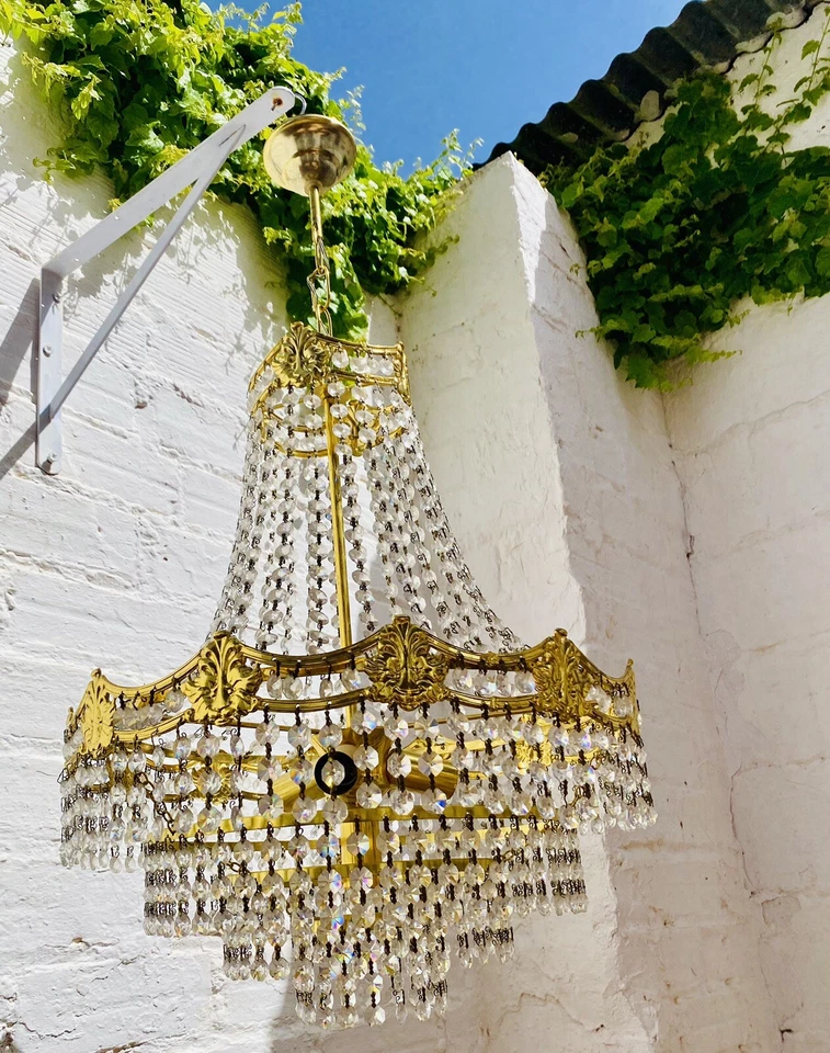 35" x 17" Vintage French Empire Chandelier Tiered Crystal Gold Brass Hollywood - Image 4 of 4