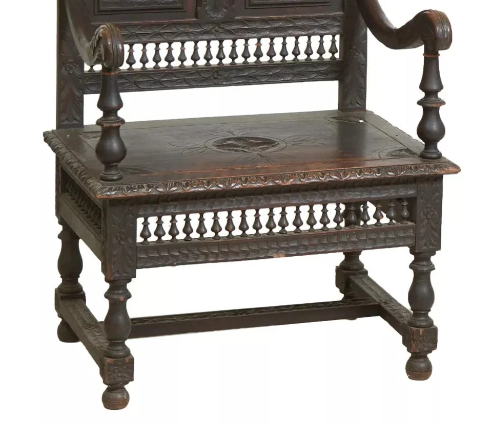 Антикварное кресло, французский бретон, резной дуб, шпиндельный герб, L. 19th C., 1800-х - Изображение 4 из 4