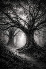 Moody Black and White Tree Woodland Poster Print Framed Canvas Wall Art