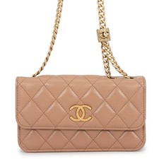 CHANEL Matelasse Chain Phone Pouch Lambskin Beige AP3047