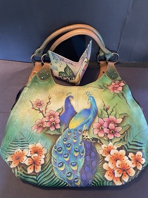 Anuschka Hand Painted Leather Passionate Peacocks Hobo Shoulder Bag