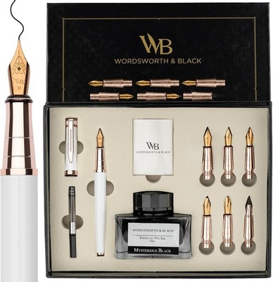 Wordsworth & Black Erudite Kalligraphie Stift Schreiben Geschenkset - Weiß & Roségold