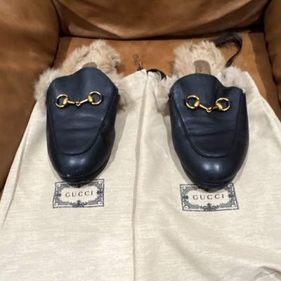 Gucci Princetown Blue Leather Fur-Lined Horsebit Mule Slippers US 11