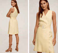 MANGO 100% linen yellow wrap belted dress size 4
