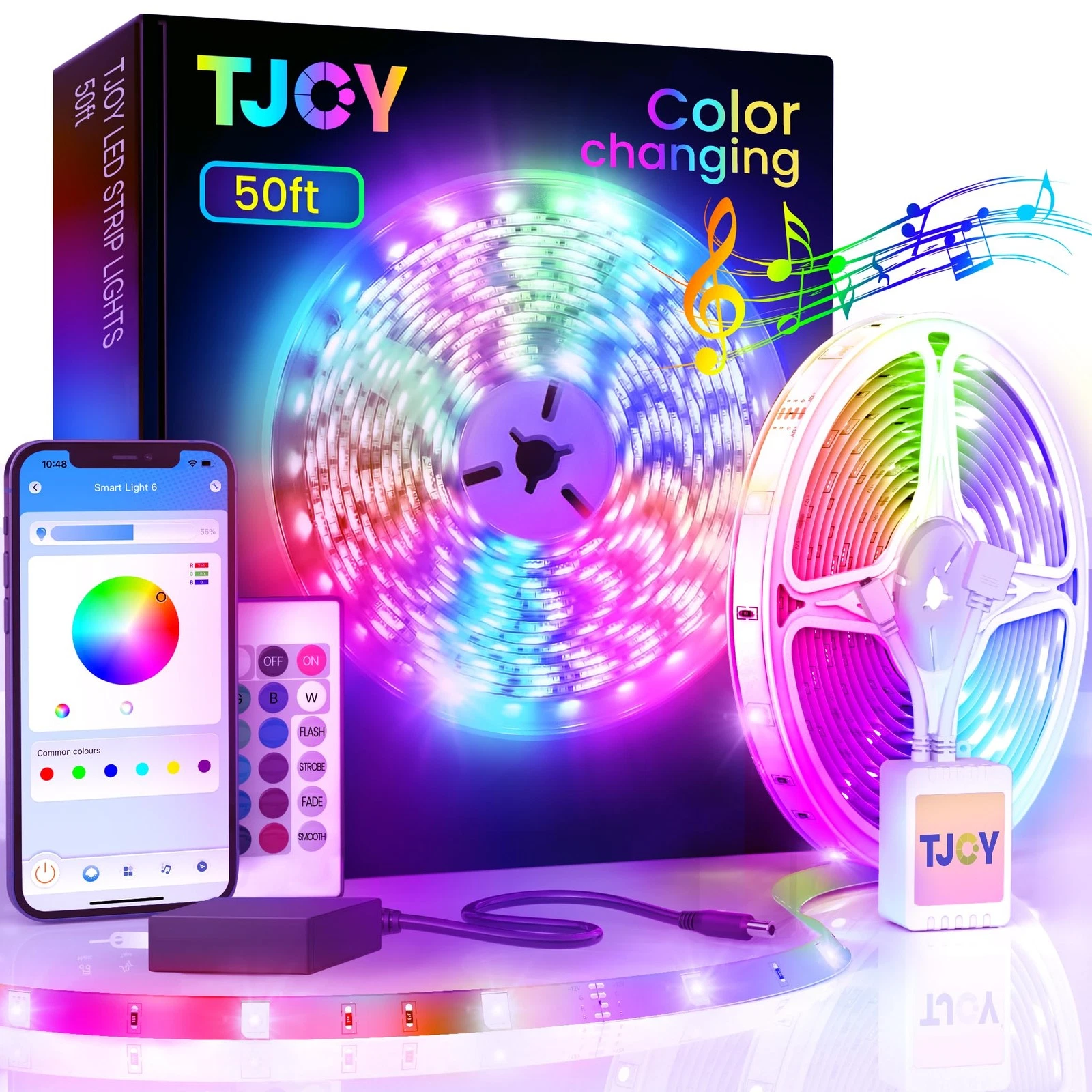 50ft Bluetooth LED Strip Lights, Music Sync 5050 LED Light Strip RGB Color Ch...