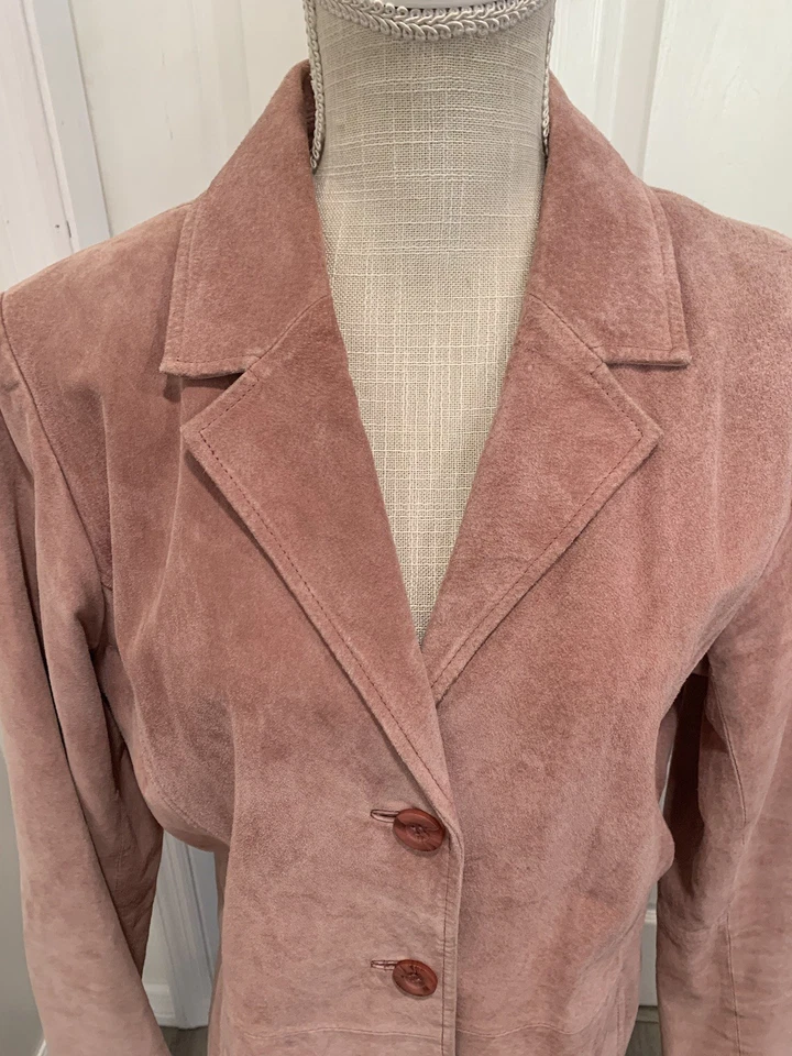 Abrigo Vintage Estilo Metro Mujer Cuero Gamuza ROSA Largo Medio Y2K Talla 12 T Foto 3 de 4