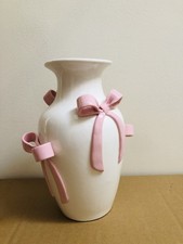 White Vase With 3D Pink Ceramic Bows, Coquette, NEW