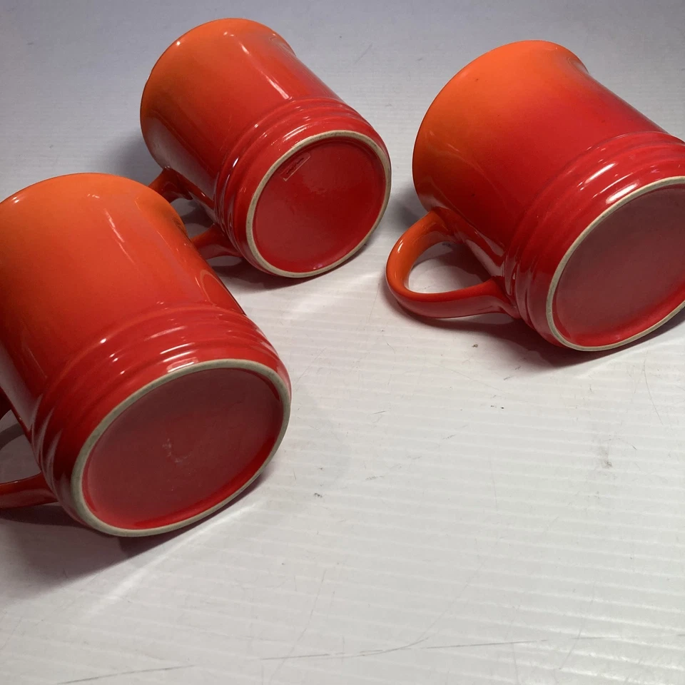 Le Creuset 12 oz Flame Orange Stoneware Mugs Set Of 3 Coffee Cups - Image 4 of 4