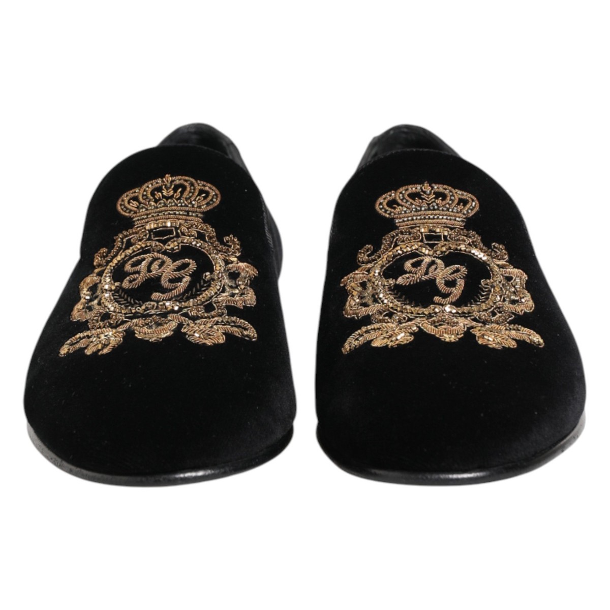DOLCE & GABBANA Shoes Black Velvet Gold Crown Mens Loafers EU40