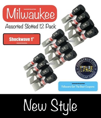 12 Pack Assortment Slotted Milwaukee Shockwave Impact 1'' Bit SL#8 SL#10 SL#12