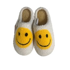 Womens Smiley Face Slippers White Yellow Plush Faux Fur House Shoes Large 9-10