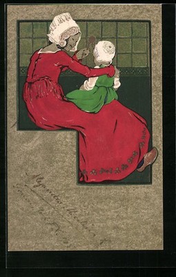 Dutch woman with toddler on her lap, postcard 