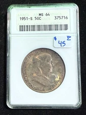 1951 S FRANKLIN HALF DOLLAR ANACS MS 64 *SOAP BOX*