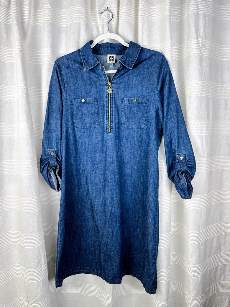 Anne Klein Denim Cotton Shirt Dress  Midi Gold Hardware Structured Chic Size 10