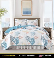 Reversible King Size Coastal Quilt Bedding Set - Summer Beach Design