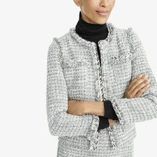J. Crew Black White Silver Tweed Jacket Fringed Trim Four Pockets Classic 4