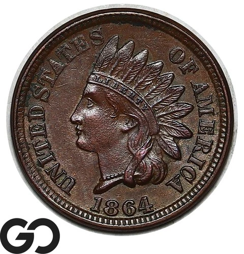 1864 Indian Head Cent Penny, Bronze, Very Sharp Gem BU++ Tougher Date