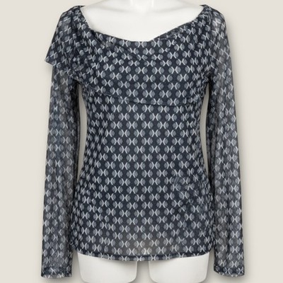 Ella By Rafaella Patterned Top With Asymmetrical Collar And Sheer Sleeves Size M