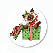 Christmas Whimsical Siamese Cat in Gift Box Scrapbook Stickers Envelope Seals