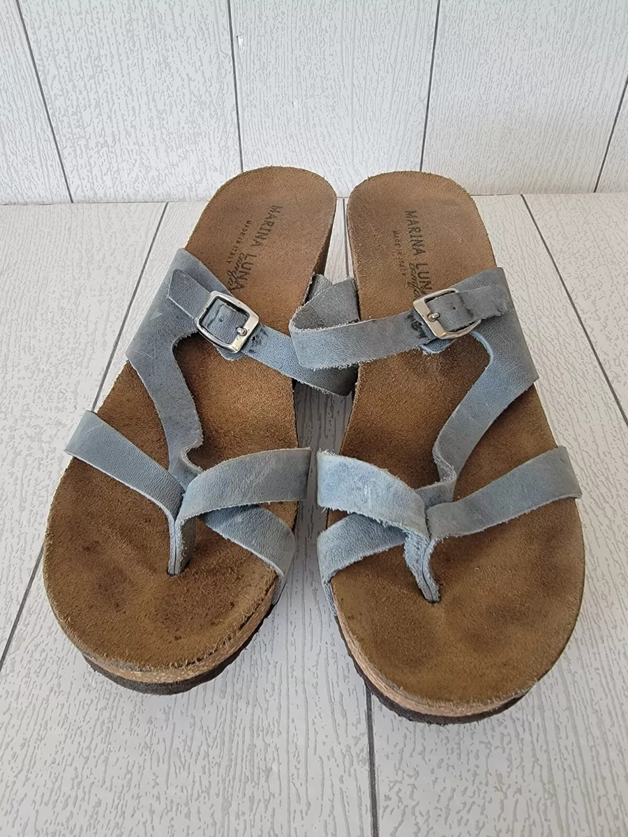 Marina Luna Size 9.5 10 Lt Blue Leather Multi Strap Wedge