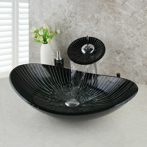 Oval Bathroom Tempered Glass Vessel Sink Bowl Waterfall Chrome Faucet Mixer Taps