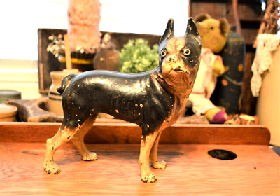 ANTIQUE HUBLEY BLACK BROWN & CREAM CAST IRON BOSTON TERRIER DOG