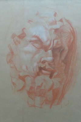 Große Vintage Old Master Style rote Kreide Kopfstudie. Signiert