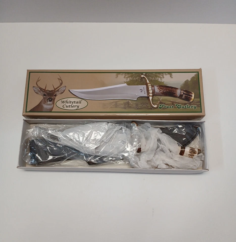 Cuchillo de hoja fija Frost Cutlery Bowie mango de ciervo funda de cuero en general 13" Foto 2 de 4