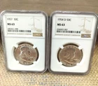 Pair NGC MS63 Silver Benjamin Franklin 1954 D and 1957 NMM Silver Half Dollars