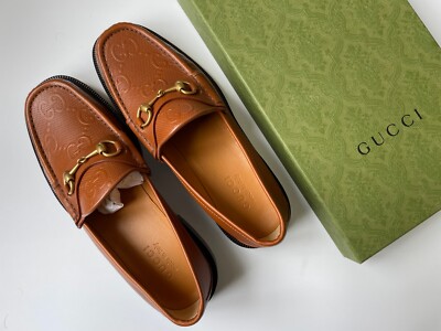 GUCCI Big Logo GG Gold Horsebit Brown Leather Loafers Sz UK 9, US