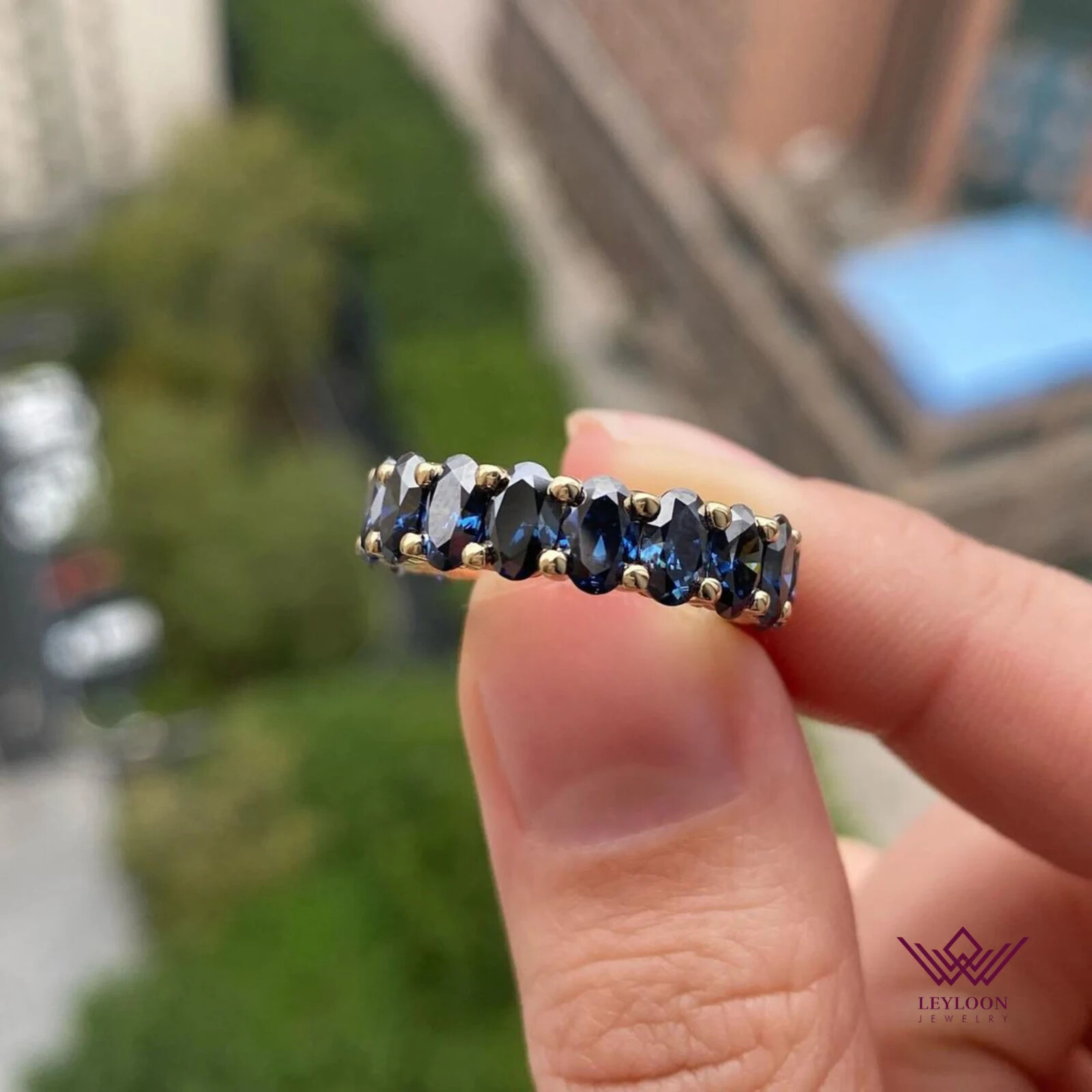 Oval Cut Eternity Band Blue Color Moissanite 10K Rose Gold Ring