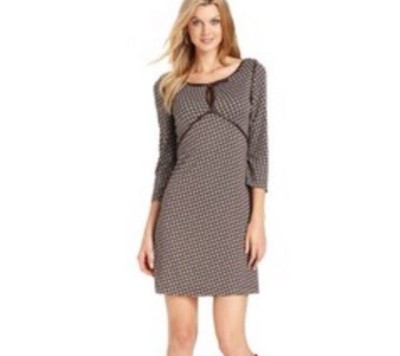 $118 Studio M Brown Ivory 3/4 Sleeve Faux Leather Trim Keyhole Dress ~ M  M3020 | eBay