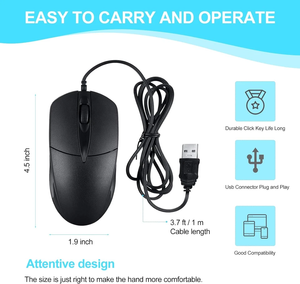 USB 2.0 Optical Wired Scroll Wheel Mouse PC Laptop Notebook Desktop Black Mice - Image 2 of 4